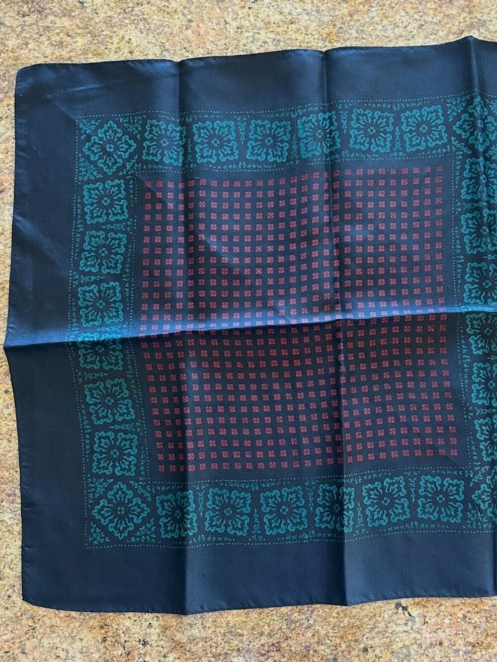 Vintage Hand Block Printed Silk Pocket Square Handkerchief Made in England